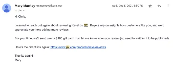 G2 incentivized review campaign email